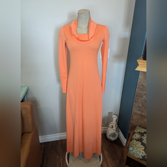 Vintage Dresses & Skirts - Vintage 1970s Coral Maxi Dress Bias Cut Cowl Neck Long Sleeve Retro Dress Size 6